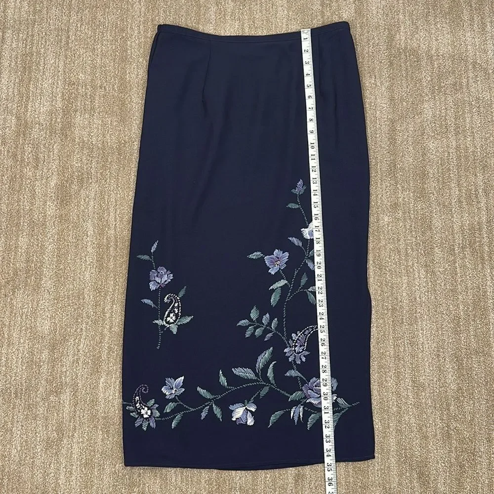 Alfred Dunner Vintage Navy Blue Floral Print Stretch Maxi Skirt Women Size 14